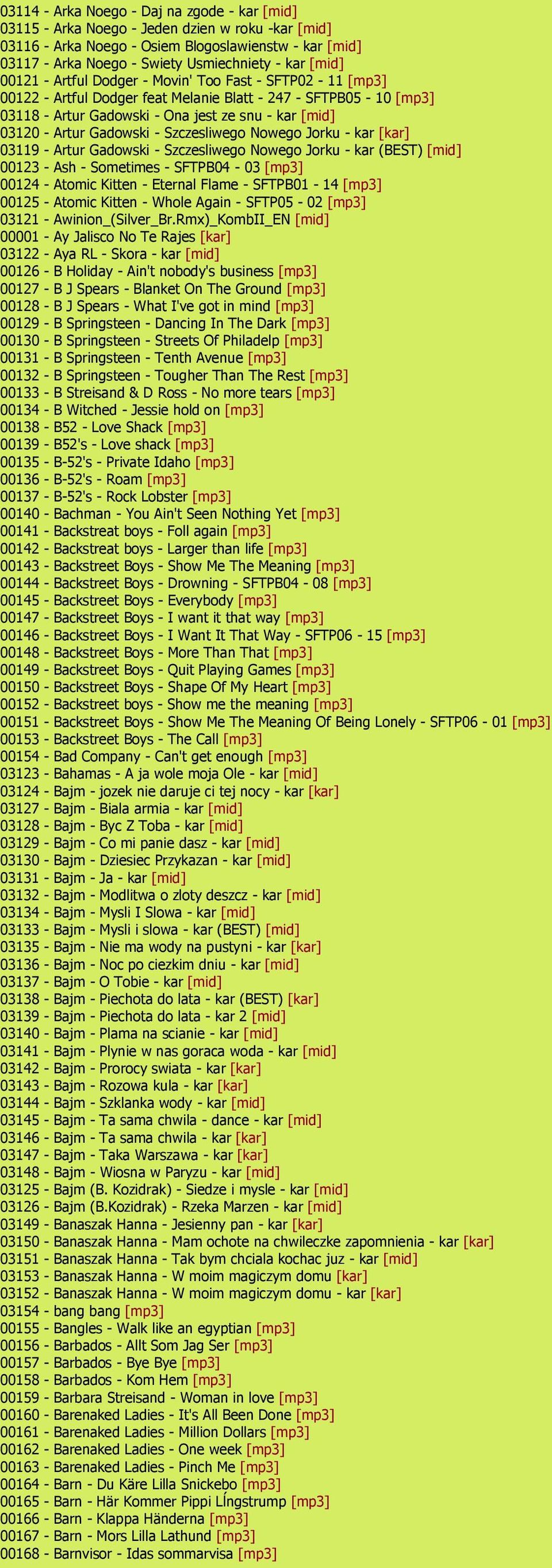 Gadowski - Szczesliwego Nowego Jorku - kar [kar] 03119 - Artur Gadowski - Szczesliwego Nowego Jorku - kar (BEST) [mid] 00123 - Ash - Sometimes - SFTPB04-03 [mp3] 00124 - Atomic Kitten - Eternal Flame