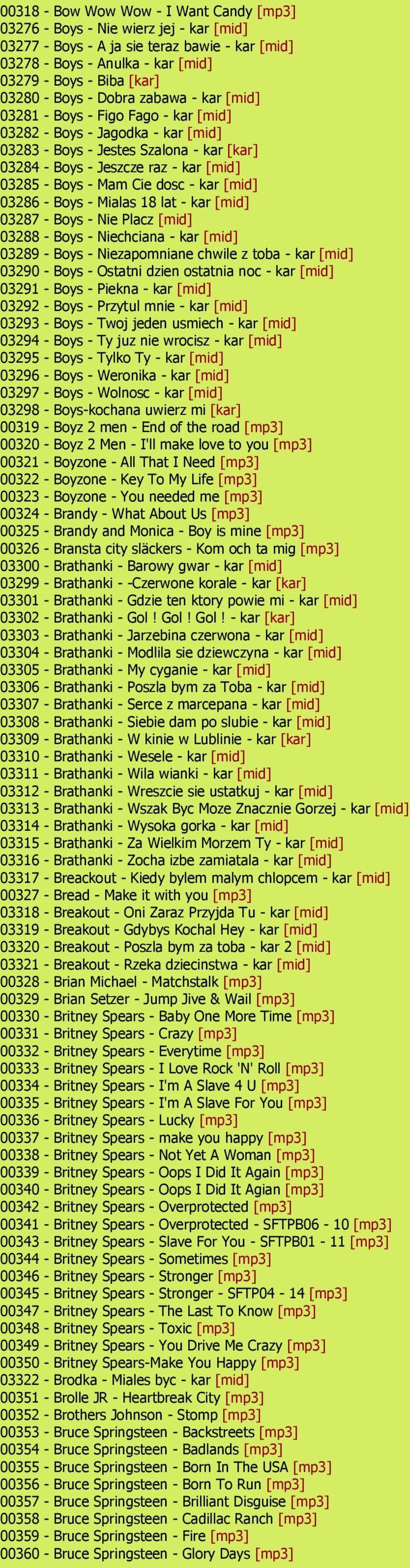 Mam Cie dosc - kar [mid] 03286 - Boys - Mialas 18 lat - kar [mid] 03287 - Boys - Nie Placz [mid] 03288 - Boys - Niechciana - kar [mid] 03289 - Boys - Niezapomniane chwile z toba - kar [mid] 03290 -