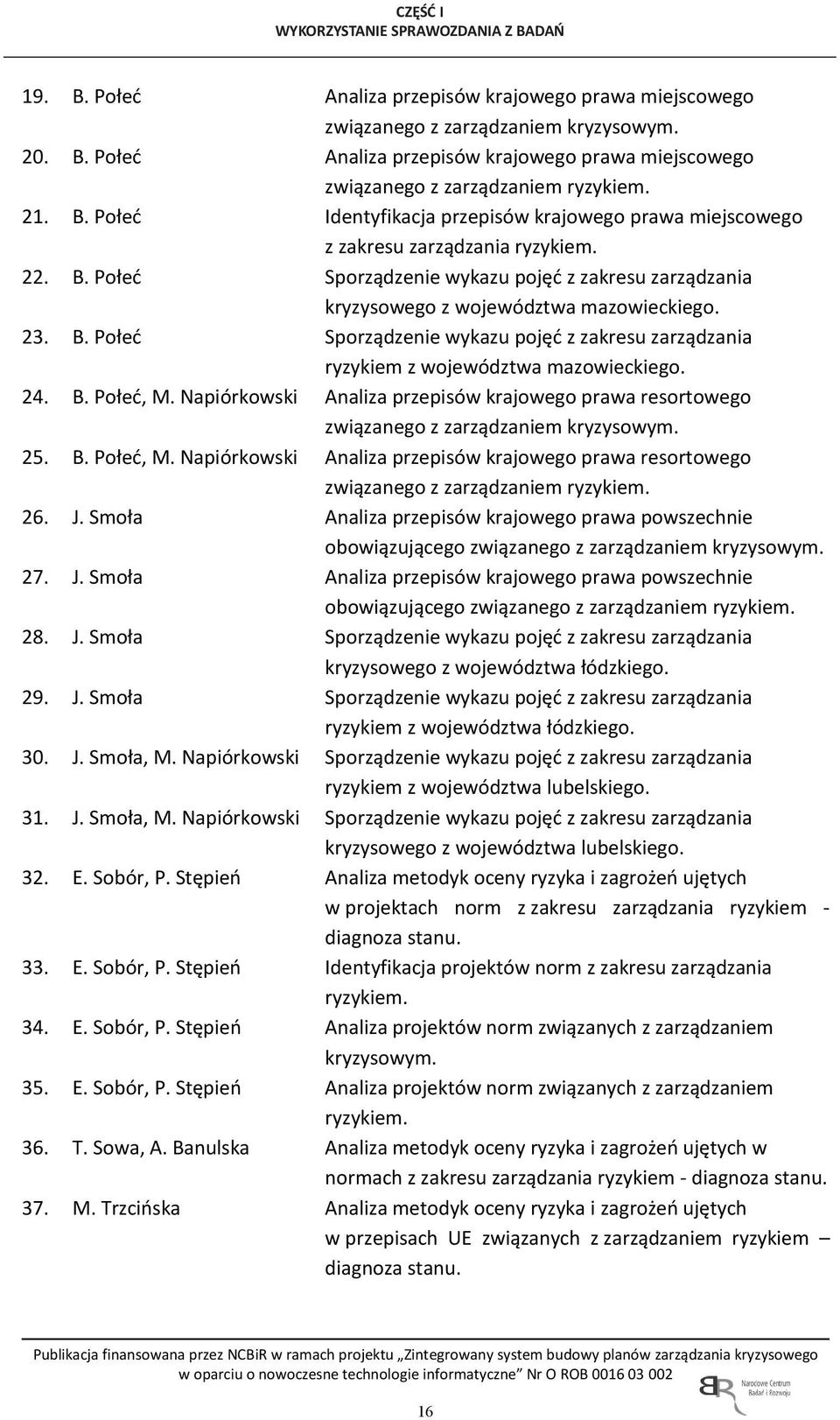 23. B. Połeć Sporządzenie wykazu pojęć z zakresu zarządzania ryzykiem z województwa mazowieckiego. 24. B. Połeć, M.