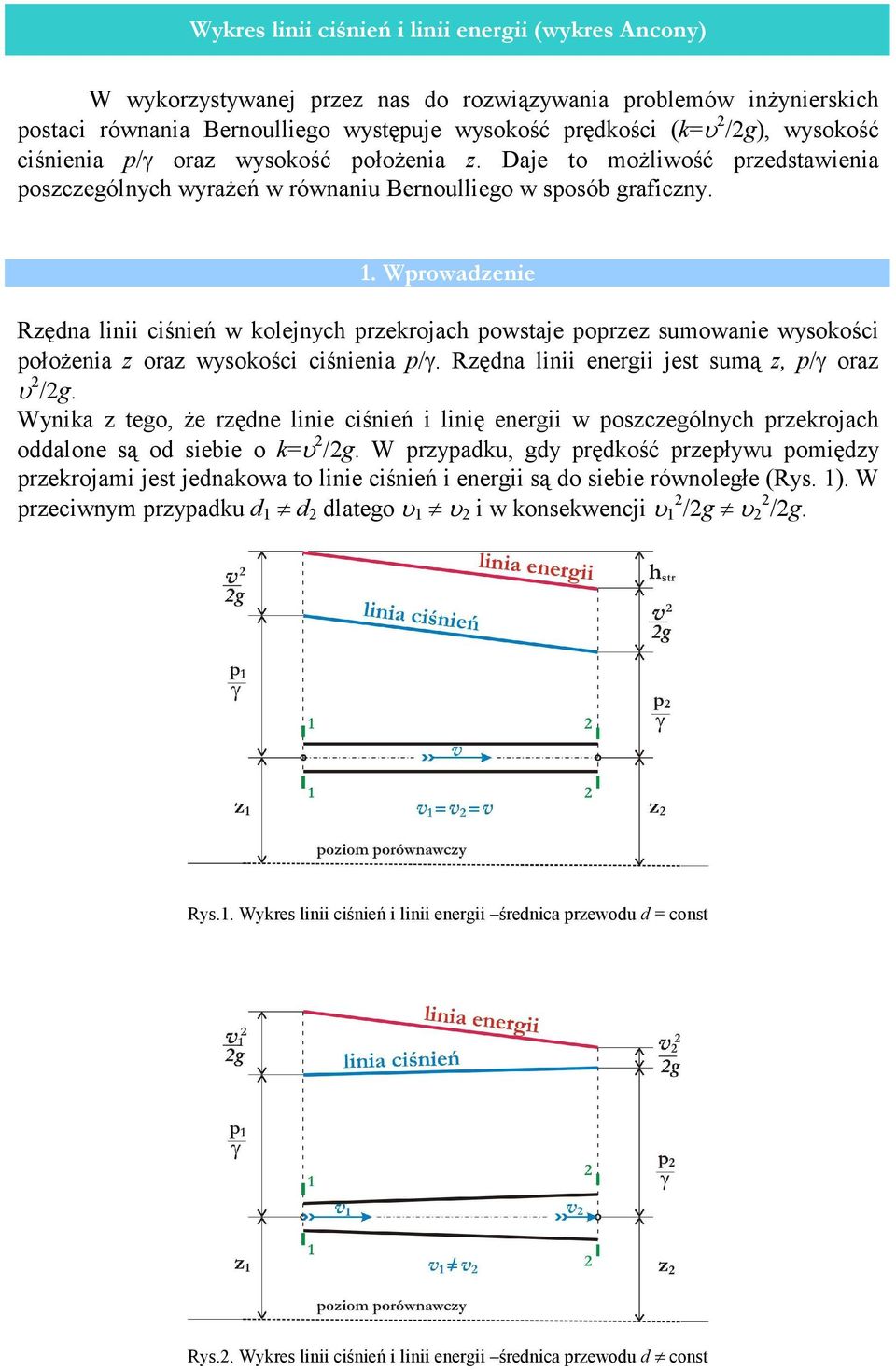 . Wprowadzenie Rzędna linii ciśnień w olejnych przerojach powstaje poprzez sumowanie wysoości położenia z oraz wysoości ciśnienia p/γ. Rzędna linii energii jest sumą z, p/γ oraz /g.