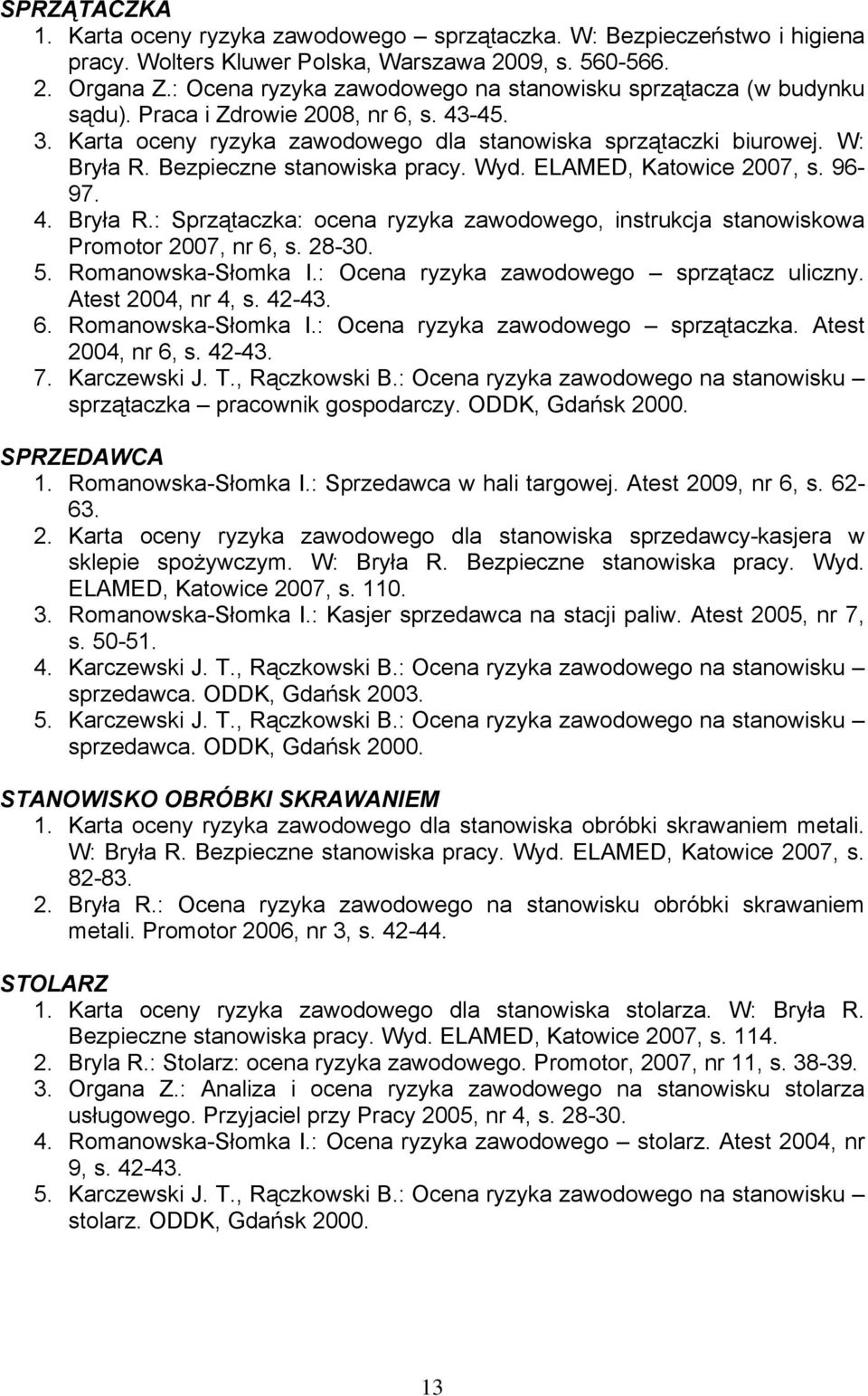 Bezpieczne stanowiska pracy. Wyd. ELAMED, Katowice 2007, s. 96-97. 4. Bryła R.: Sprzątaczka: ocena ryzyka zawodowego, instrukcja stanowiskowa Promotor 2007, nr 6, s. 28-30. 5. Romanowska-Słomka I.