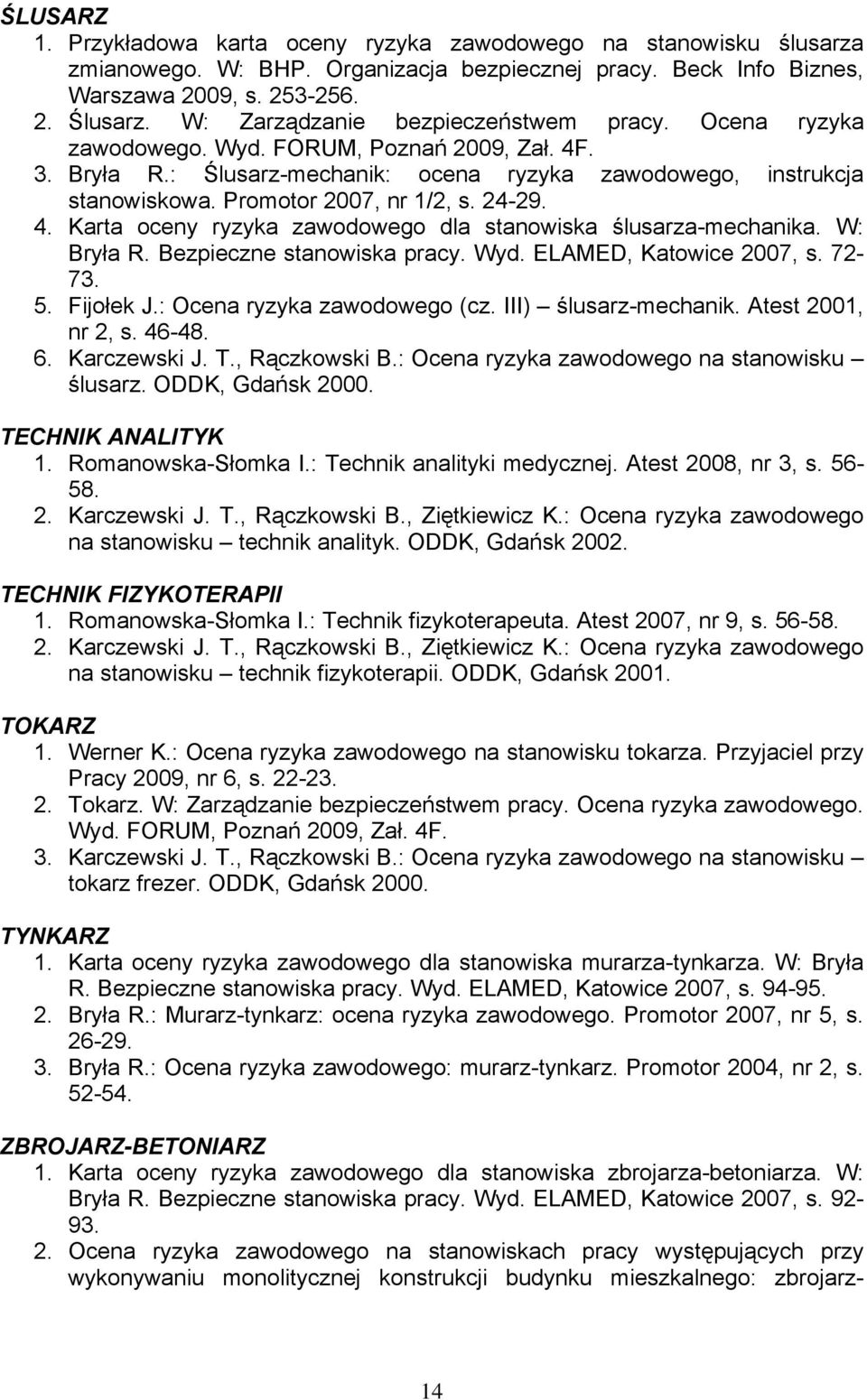 Karta oceny ryzyka zawodowego dla stanowiska ślusarza-mechanika. W: Bryła R. Bezpieczne stanowiska pracy. Wyd. ELAMED, Katowice 2007, s. 72-73. 5. Fijołek J.: Ocena ryzyka zawodowego (cz.