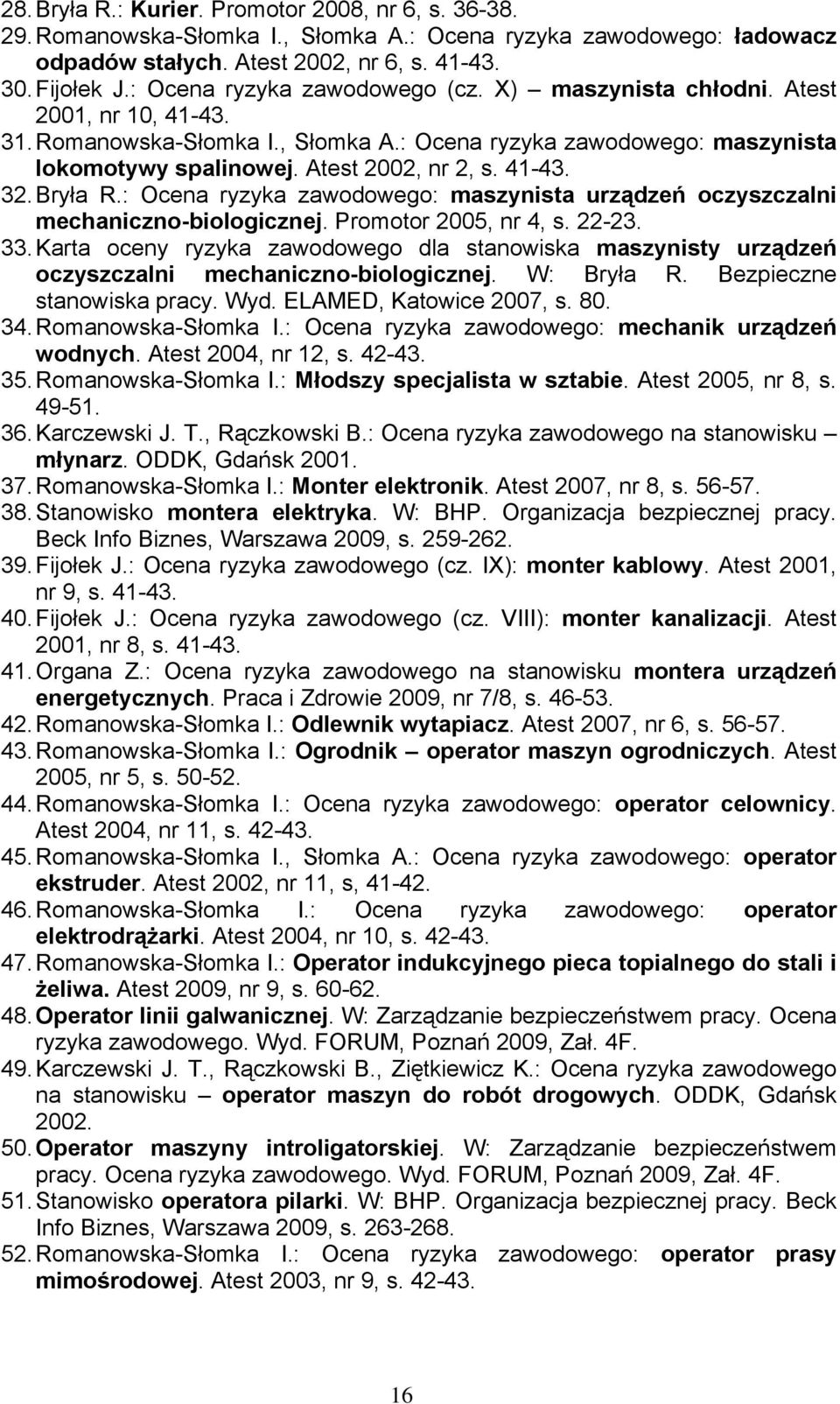 41-43. 32. Bryła R.: Ocena ryzyka zawodowego: maszynista urządzeń oczyszczalni mechaniczno-biologicznej. Promotor 2005, nr 4, s. 22-23. 33.