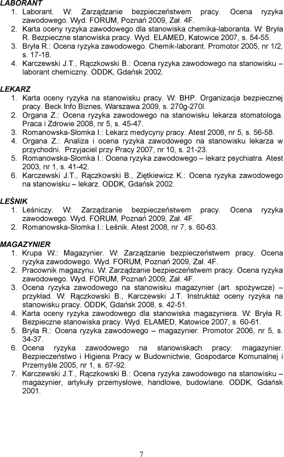 : Ocena ryzyka zawodowego na stanowisku laborant chemiczny. ODDK, Gdańsk 2002. LEKARZ 1. Karta oceny ryzyka na stanowisku pracy. W: BHP. Organizacja bezpiecznej pracy.