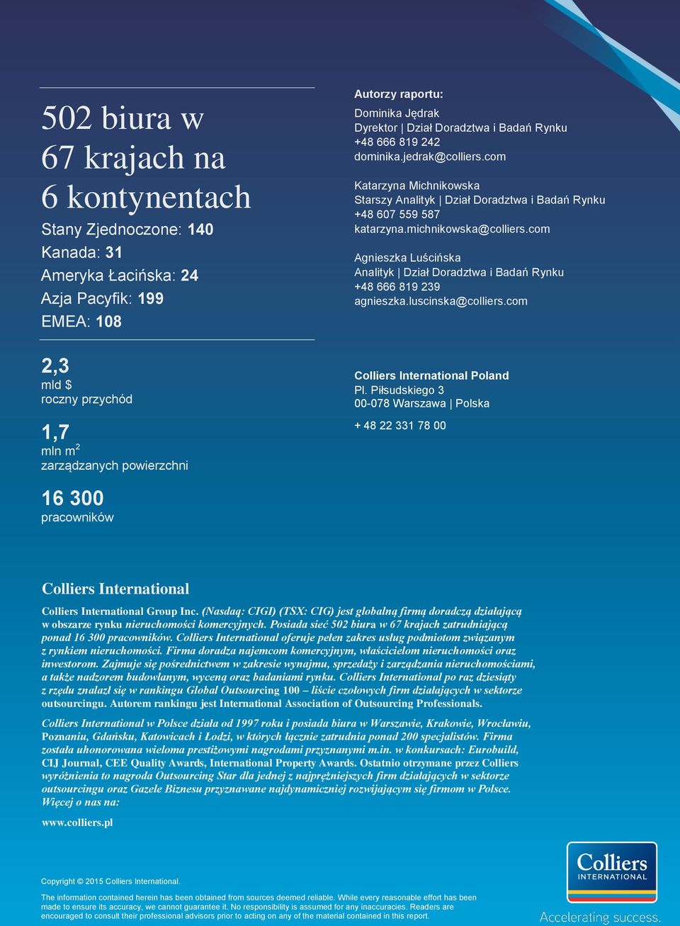 com Agnieszka Luścińska Analityk Dział Doradztwa i Badań Rynku +48 666 819 239 agnieszka.luscinska@colliers.