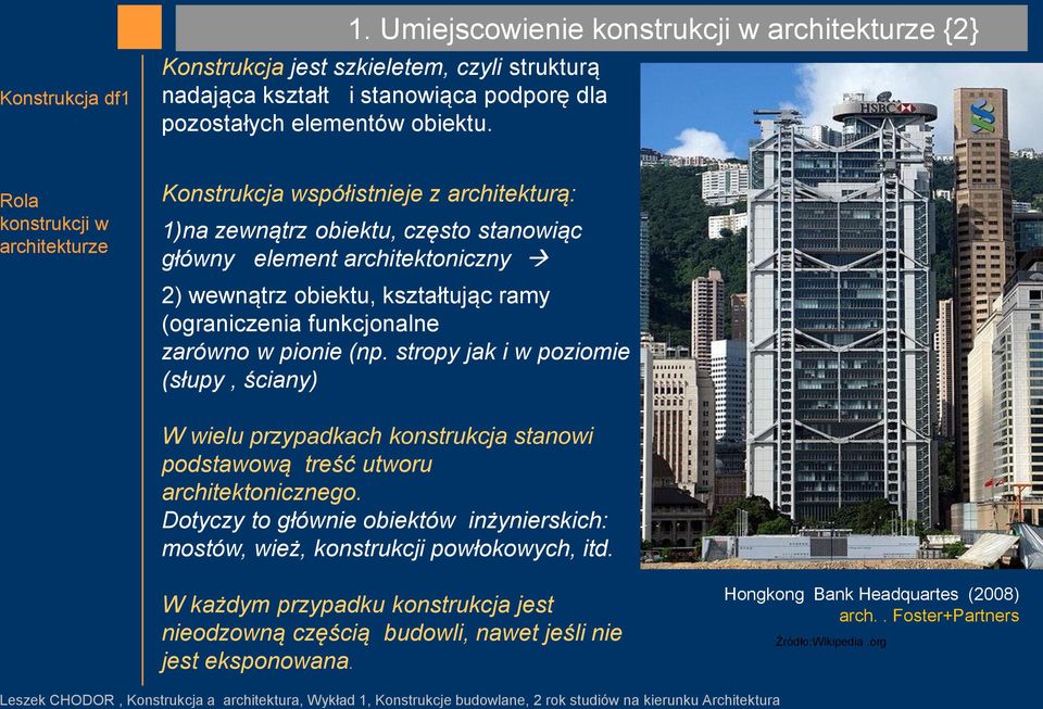 funkcjonalne zarówno w pionie (np. stropy jak i w poziomie (słupy, ściany) W wielu przypadkach konstrukcja stanowi podstawową treść utworu architektonicznego.