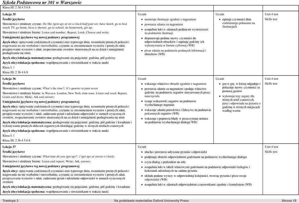 wyrazów i zdań, rozpoznawanie zwrotów stosowanych na co dzień i umiejętność posługiwania się nimi, Język obcy/edukacja matematyczna: posługiwanie się pojęciami: godzina, pół godziny Klasa III: 2 3b 4