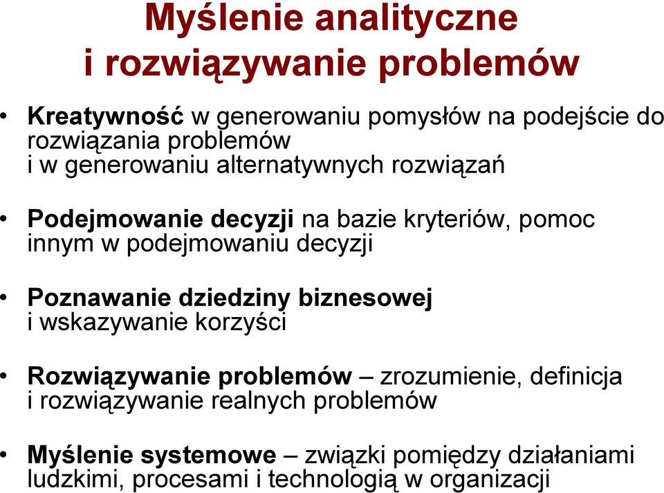 podejmowaniu decyzji Poznawanie dziedziny biznesowej i wskazywanie korzyści Rozwiązywanie problemów zrozumienie,