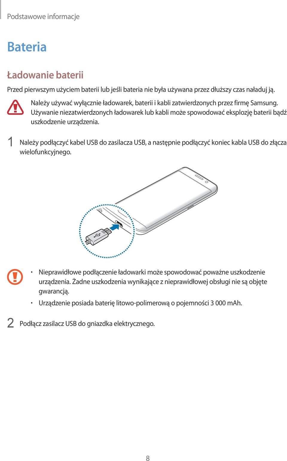 Używanie niezatwierdzonych ładowarek lub kabli może spowodować eksplozję baterii bądź uszkodzenie urządzenia.