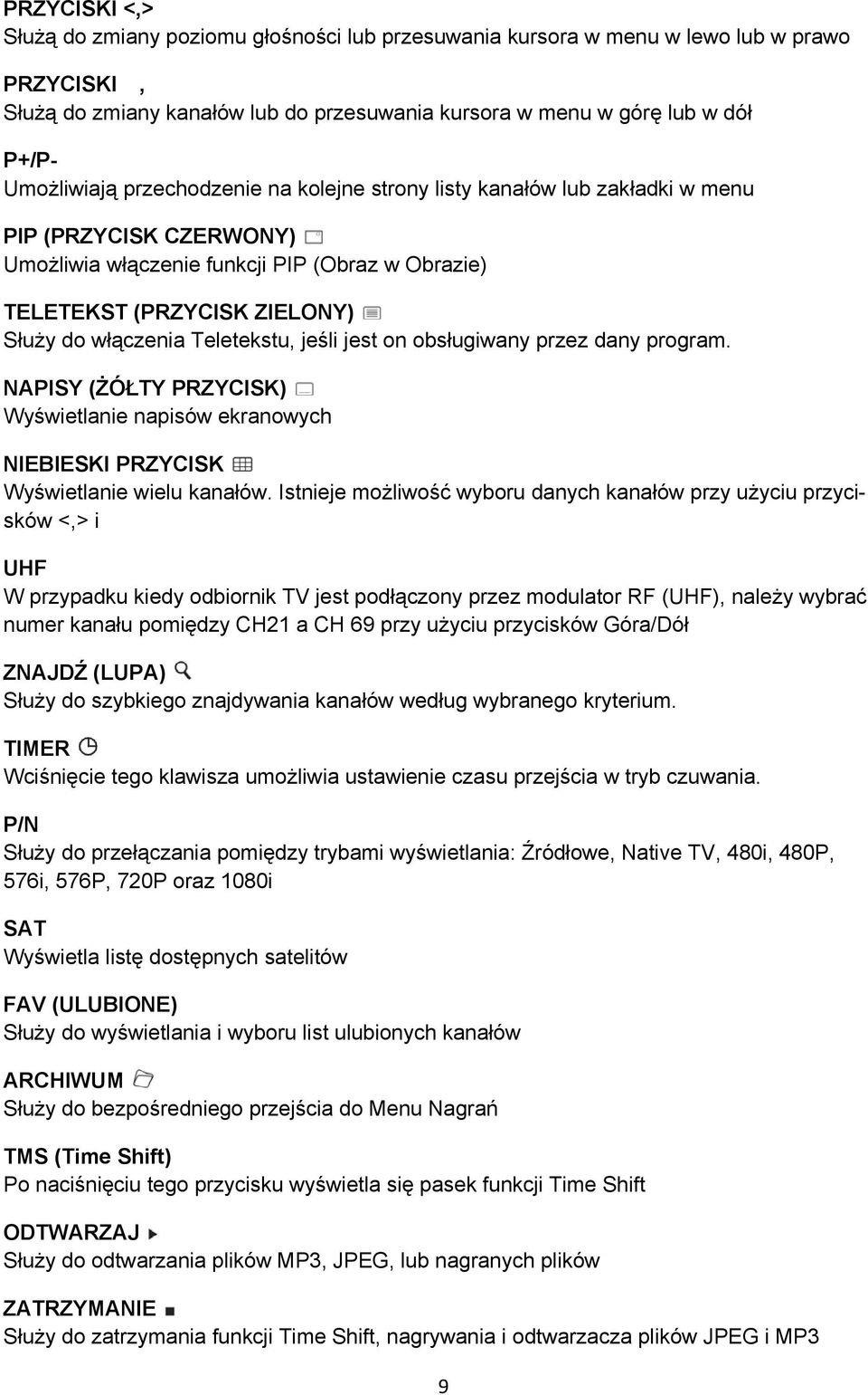 Teletekstu, jeśli jest on obsługiwany przez dany program. NAPISY (ŻÓŁTY PRZYCISK) Wyświetlanie napisów ekranowych NIEBIESKI PRZYCISK Wyświetlanie wielu kanałów.