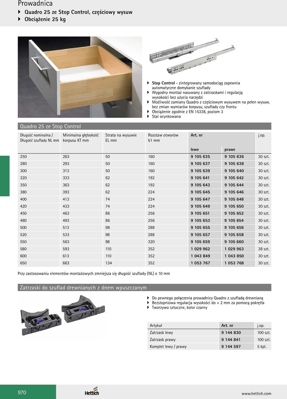 Stop Control Długość nominalna / Długość szuflady NL mm Minimalna głębokość korpusu KT mm Strata na wysuwie EL mm b1 mm lewe prawe 250 263 50 160 9 5 635 9 5 636 30 szt.