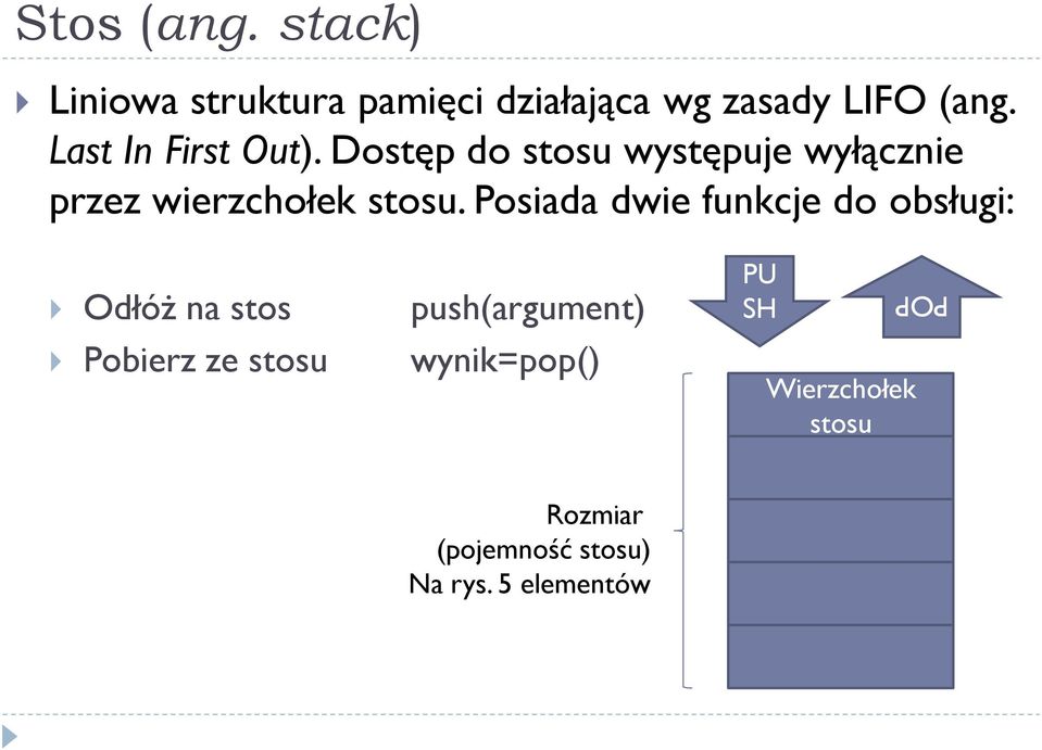 Posiada dwie funkcje do obsługi: Odłóż na stos Pobierz ze stosu push(argument)