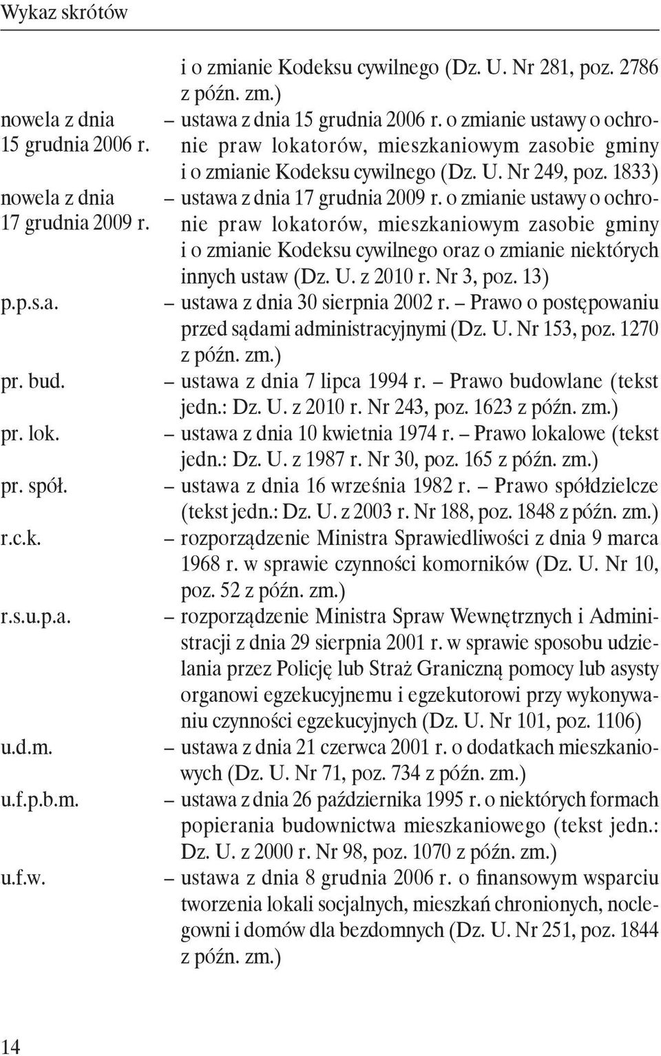 1833) ustawa z dnia 17 grudnia 2009 r. o zmianie ustawy o ochronie praw lokatorów, mieszkaniowym zasobie gminy i o zmianie Kodeksu cywilnego oraz o zmianie niektórych innych ustaw (Dz. U. z 2010 r.