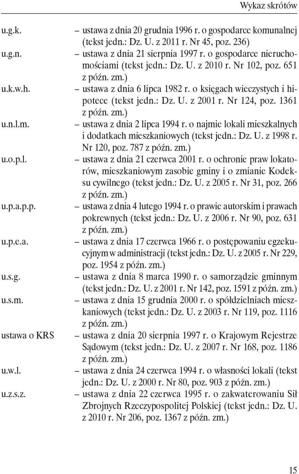 o księgach wieczystych i hipotece (tekst jedn.: Dz. U. z 2001 r. Nr 124, poz. 1361 ustawa z dnia 2 lipca 1994 r. o najmie lokali mieszkalnych i dodatkach mieszkaniowych (tekst jedn.: Dz. U. z 1998 r.