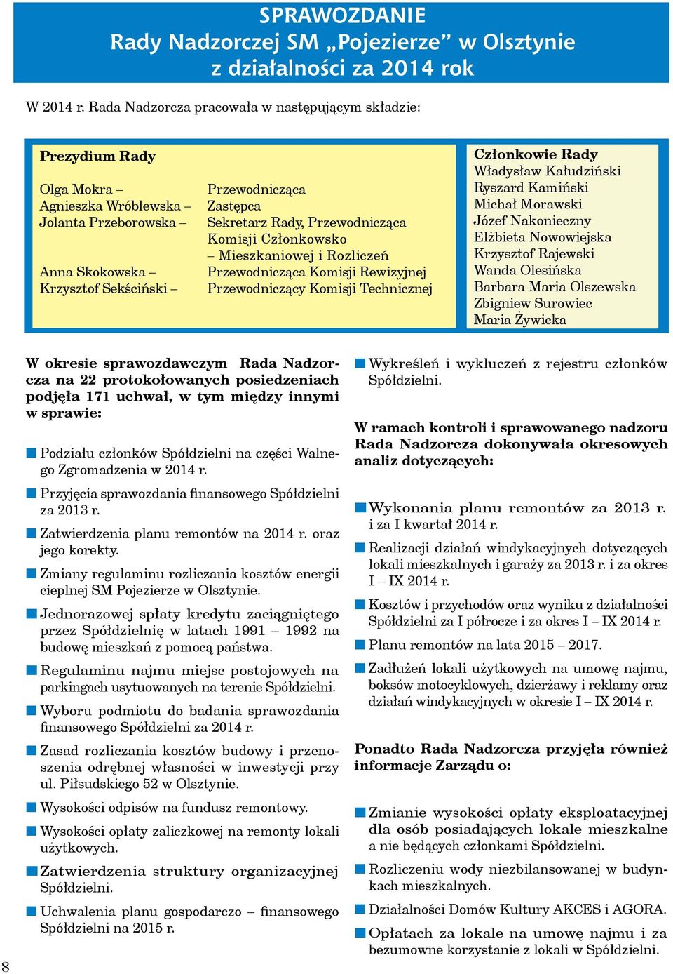 Przewodnicząca Komisji Członkowsko Mieszkaniowej i Rozliczeń Przewodnicząca Komisji Rewizyjnej Przewodniczący Komisji Technicznej Członkowie Rady Władysław Kałudziński Ryszard Kamiński Michał