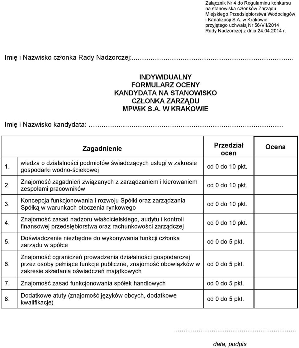 Zagadnienie wiedza o działalności podmiotów świadczących usługi w zakresie gospodarki wodno-ściekowej Przedział ocen od 0 do 10 pkt. Ocena 2.