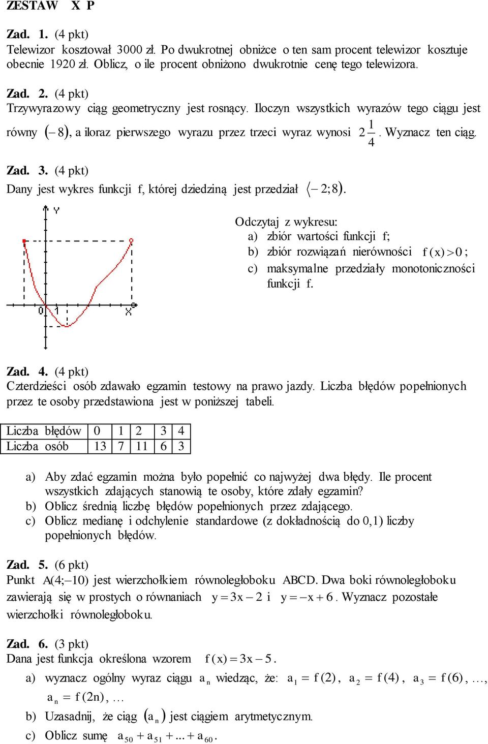 wykres funkcji f, której dziedziną jest przedział ;8 Odczytaj z wykresu: a) zbiór wartości funkcji f; b) zbiór rozwiązań nierówności f ( x) 0 ; c) maksymalne przedziały monotoniczności funkcji f Zad