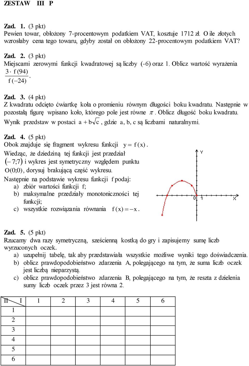 kwadratu Następnie w pozostałą figurę wpisano koło, którego pole jest równe Oblicz długość boku kwadratu Wynik przedstaw w postaci a b c, gdzie a, b, c są liczbami naturalnymi Zad 4 (5 pkt) Obok