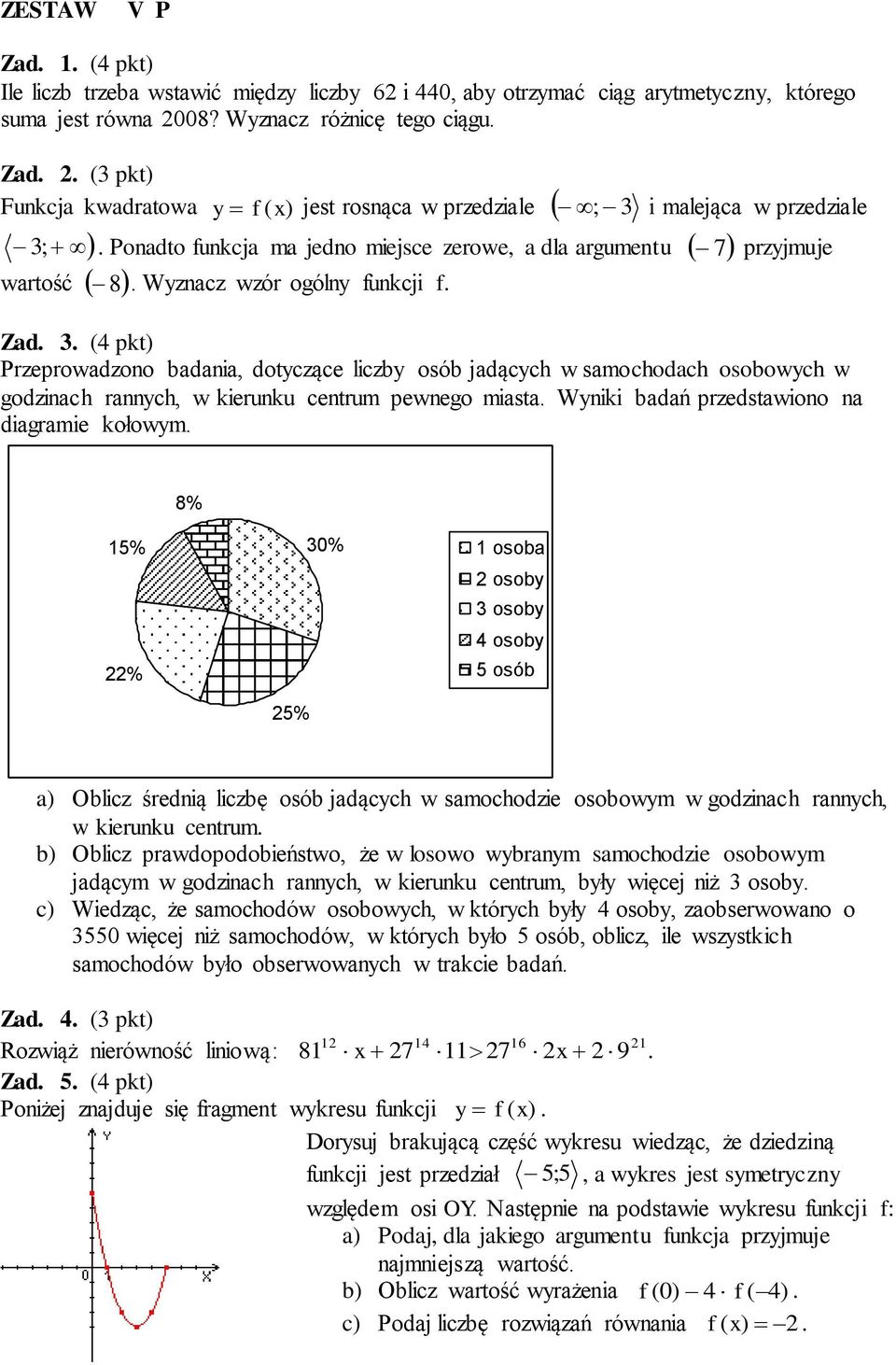 wartość 8 Wyznacz wzór ogólny funkcji f Zad 3 (4 pkt) Przeprowadzono badania, dotyczące liczby osób jadących w samochodach osobowych w godzinach rannych, w kierunku centrum pewnego miasta Wyniki