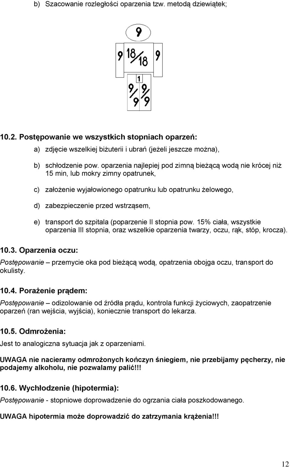 transport do szpitala (poparzenie II stopnia pow. 15% ciała, wszystkie oparzenia III stopnia, oraz wszelkie oparzenia twarzy, oczu, rąk, stóp, krocza). 10.3.