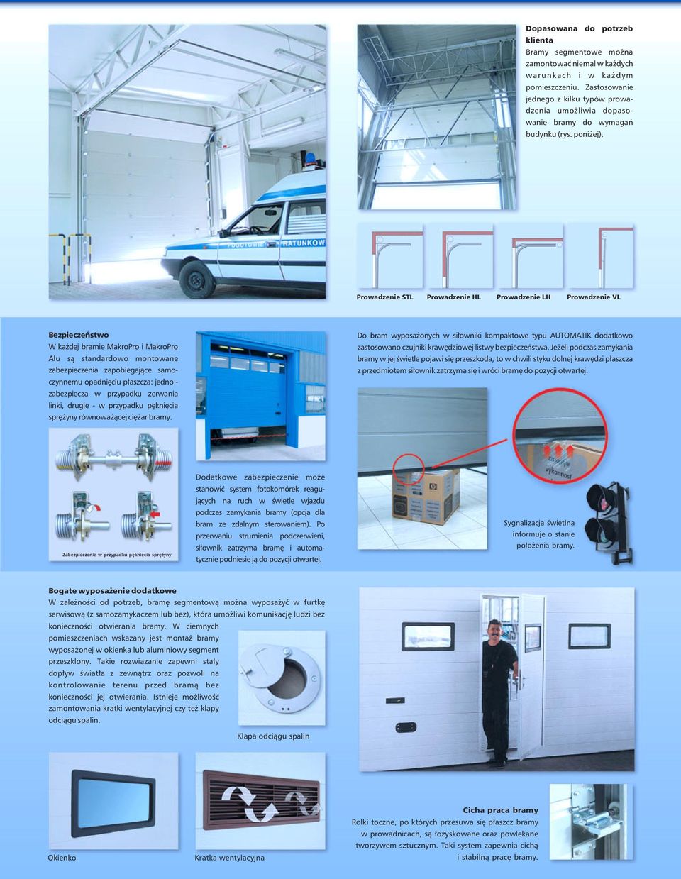 Prowadzenie STL Prowadzenie HL Prowadzenie LH Prowadzenie VL Bezpieczeństwo W każdej bramie MakroPro i MakroPro Alu są standardowo montowane zabezpieczenia zapobiegające samoczynnemu opadnięciu