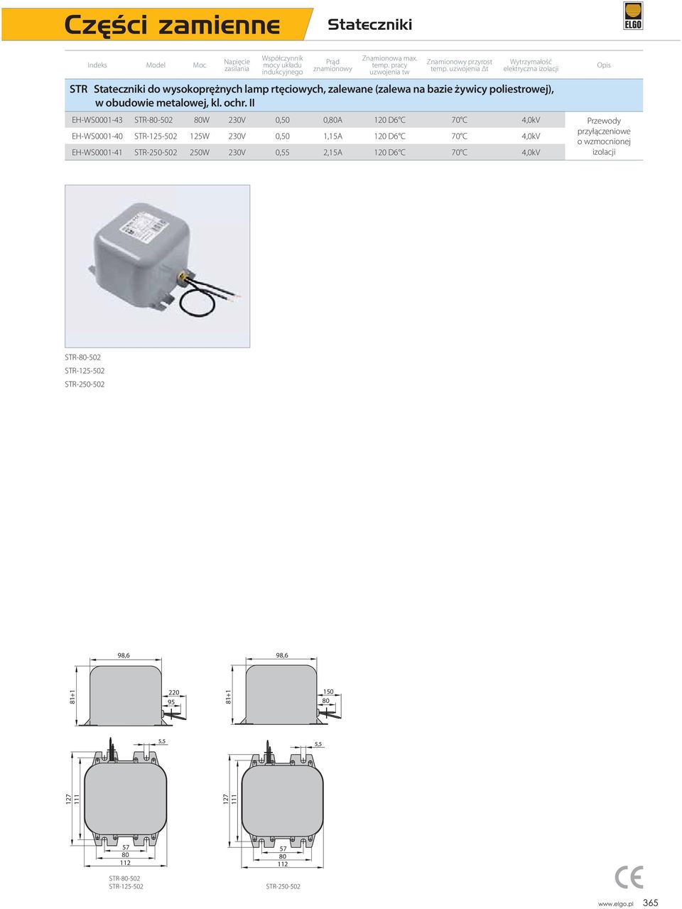 II EH-WS0001-43 STR-80-502 80W 230V 0,50 0,80A 120 D6 C 70 C 4,0kV Przewody EH-WS0001-40 STR-125-502 125W 230V 0,50 1,15A 120 D6 C 70 C 4,0kV przyłączeniowe o wzmocnionej EH-WS0001-41