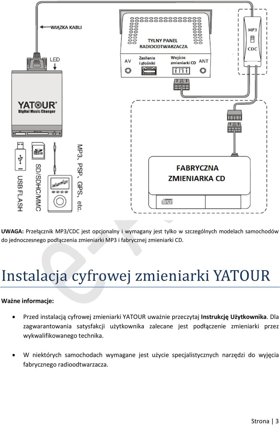 Instalacja cyfrowej zmieniarki YATOUR Ważne informacje: Przed instalacją cyfrowej zmieniarki YATOUR uważnie przeczytaj Instrukcję