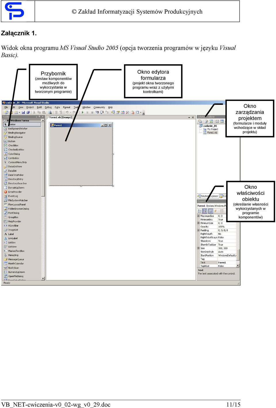 tworzonego programu wraz z użytymi kontrolkami) Okno zarządzania projektem (formularze i moduły wchodzące w skład