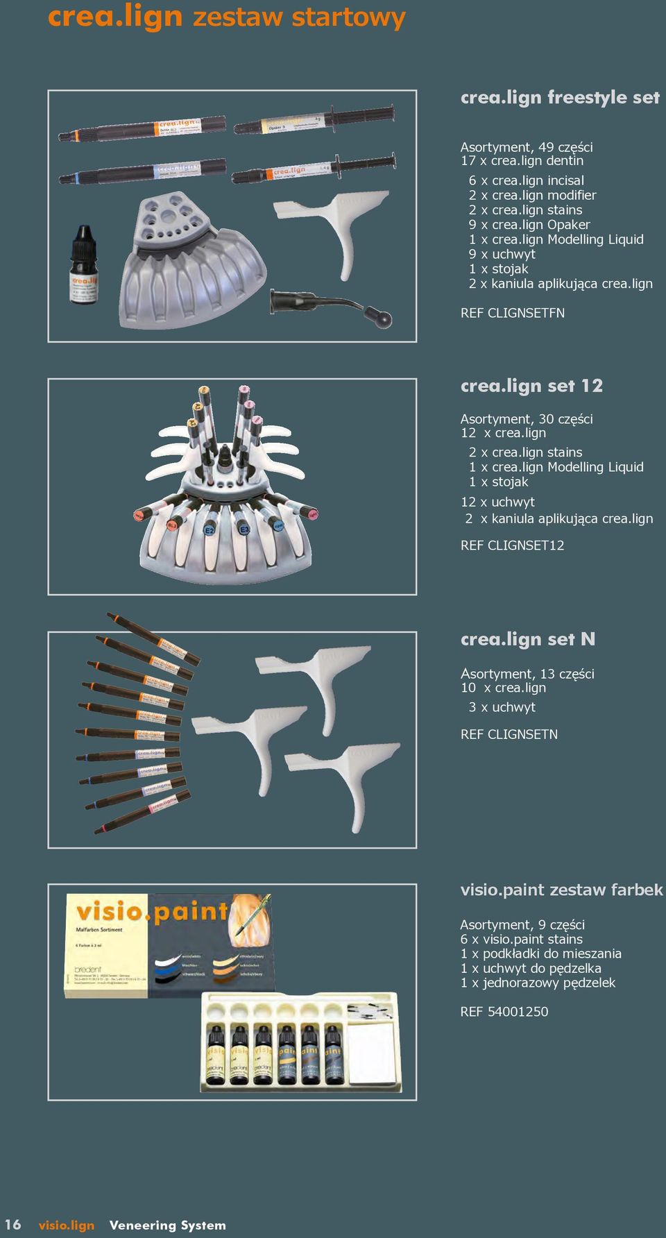 lign stains 1 x crea.lign Modelling Liquid 1 x stojak 12 x uchwyt 2 x kaniula aplikująca crea.lign REF CLIGNSET12 crea.lign set N Asortyment, 13 części 10 x crea.