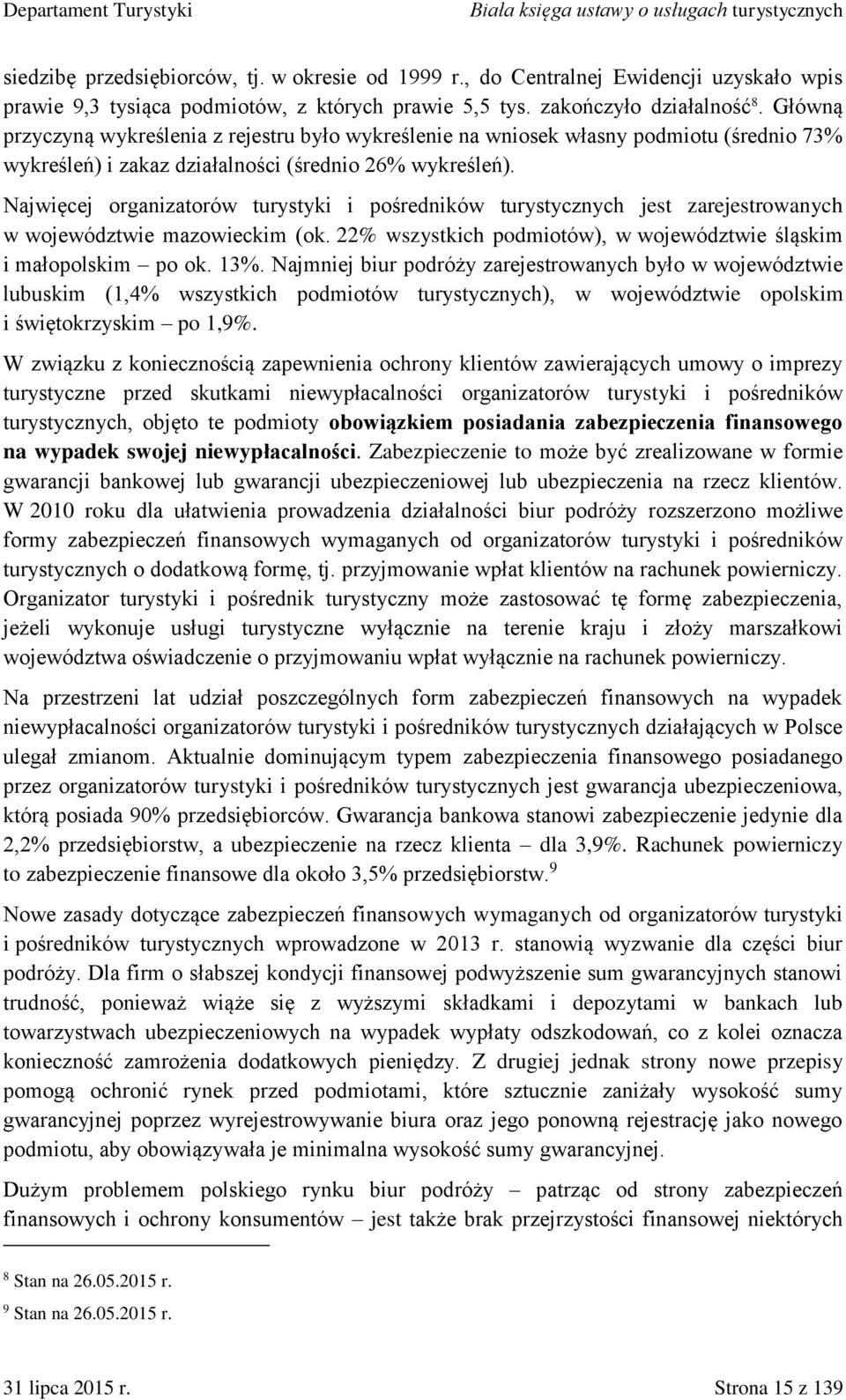 Najwięcej organizatorów turystyki i pośredników turystycznych jest zarejestrowanych w województwie mazowieckim (ok. 22% wszystkich podmiotów), w województwie śląskim i małopolskim po ok. 13%.