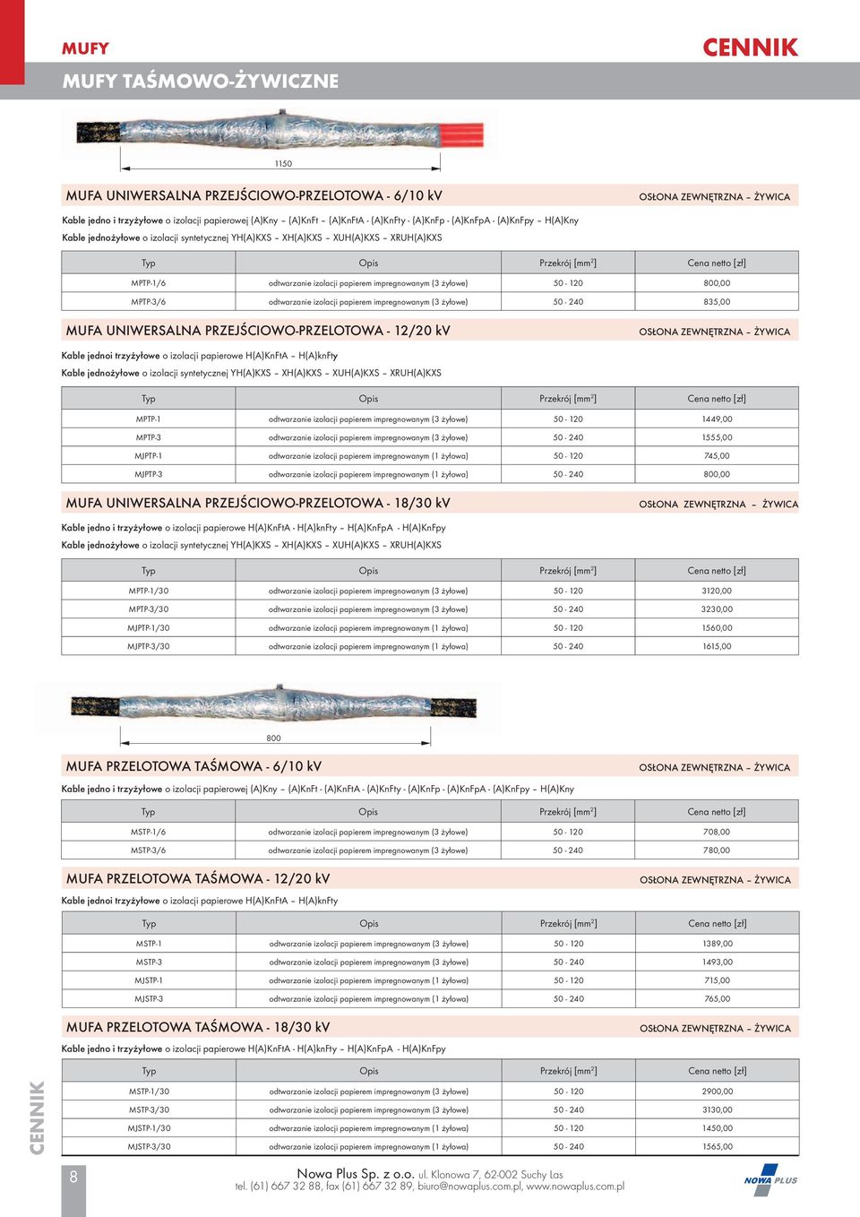 impregnowanym (3 żyłowe) 50-120 800,00 MPTP-3/6 odtwarzanie izolacji papierem impregnowanym (3 żyłowe) 50-240 835,00 MUFA UNIWERSALNA PRZEJŚCIOWO-PRZELOTOWA - 12/20 kv OSŁONA ZEWNĘTRZNA ŻYWICA Kable