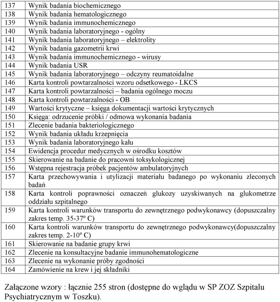 odsetkowego - LKCS 147 Karta kontroli powtarzalności badania ogólnego moczu 148 Karta kontroli powtarzalności - OB 149 Wartości krytyczne księga dokumentacji wartości krytycznych 150 Księga: