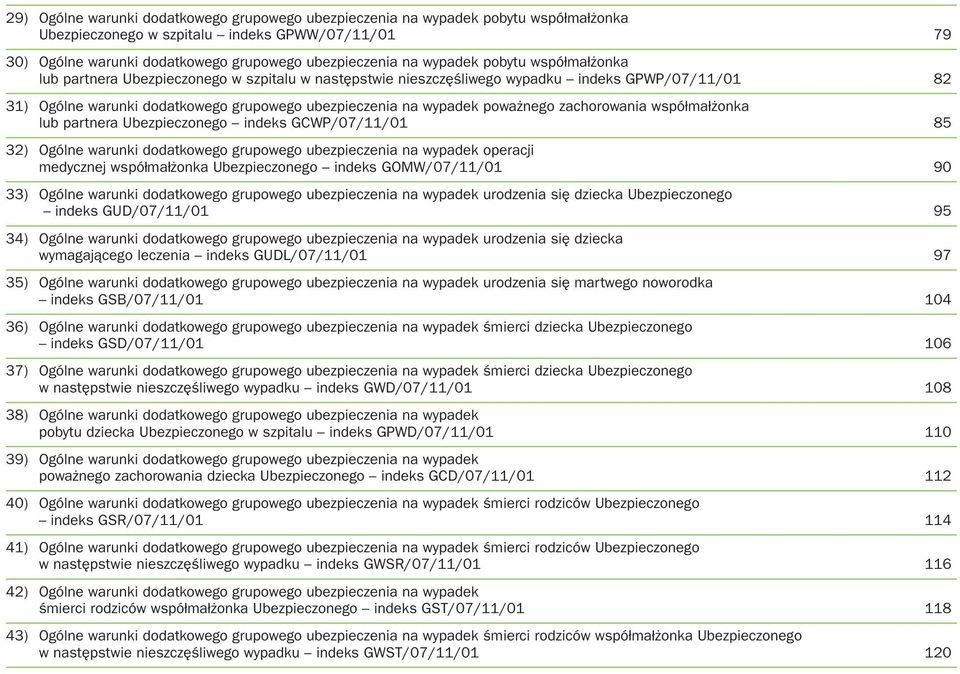 poważnego zachorowania współmałżonka lub partnera Ubezpieczonego indeks GCWP/07/11/01 85 32) Ogólne warunki dodatkowego grupowego ubezpieczenia na wypadek operacji medycznej współmałżonka