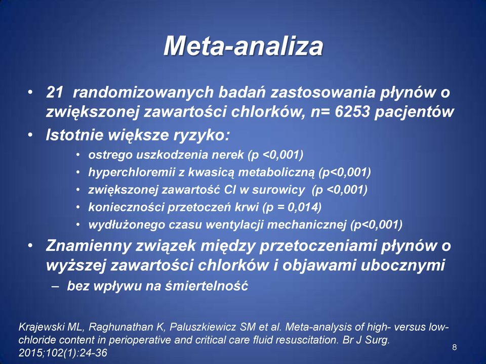 wentylacji mechanicznej (p<0,001) Znamienny związek między przetoczeniami płynów o wyższej zawartości chlorków i objawami ubocznymi bez wpływu na śmiertelność Krajewski