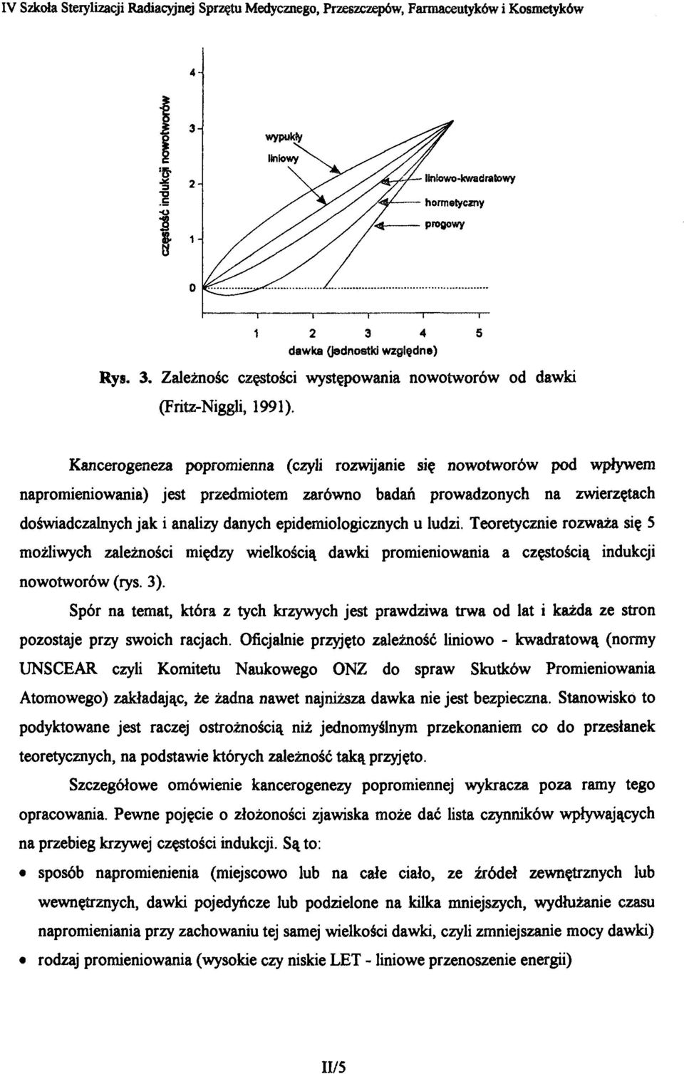 epidemiologicznych u ludzi Teoretycznie rozważa się S możliwych zależności między wielkością dawki promieniowania a częstością indukcji nowotworów (rys. 3).