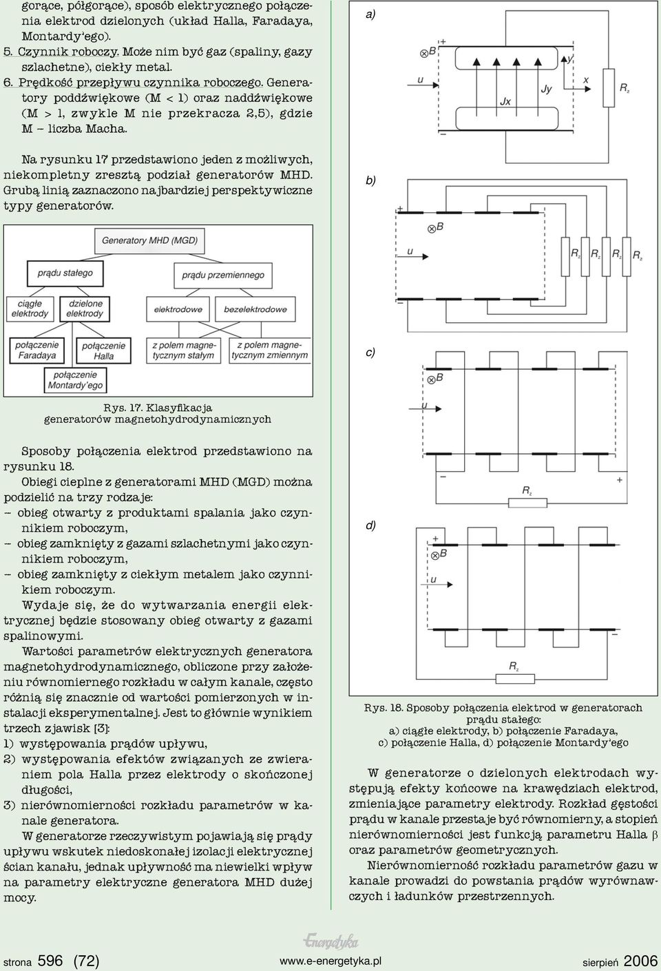 Na rysunku 17 przedstawiono jeden z możliwych, niekompletny zresztą podział generatorów MHD. Grubą linią zaznaczono najbardziej perspektywiczne typy generatorów. a) b) c) Rys. 17. Klasyfikacja generatorów magnetohydrodynamicznych Sposoby połączenia elektrod przedstawiono na rysunku 18.