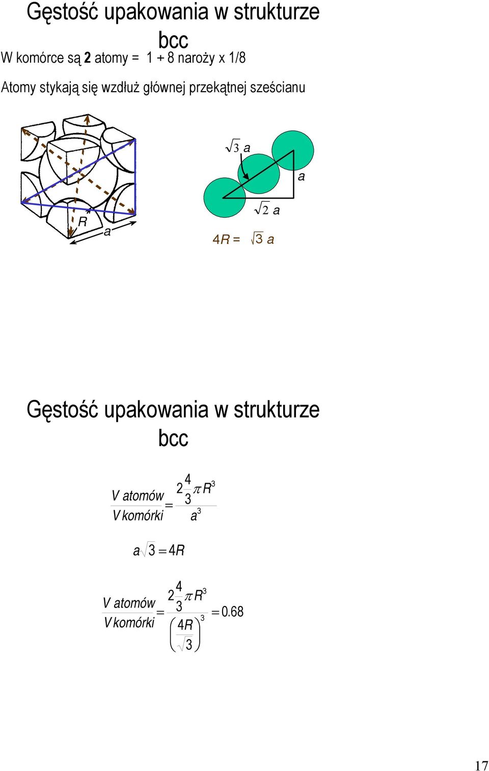 4R = 2 a 3 a Gęstość upakowania w strukturze bcc 4 2 π R V atomów = 3 3