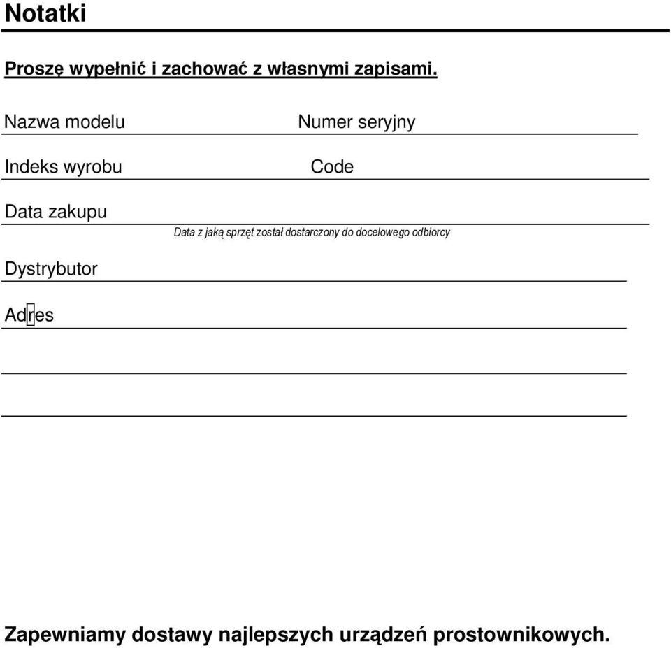 Nazwa modelu Indeks wyrobu Numer seryjny Code