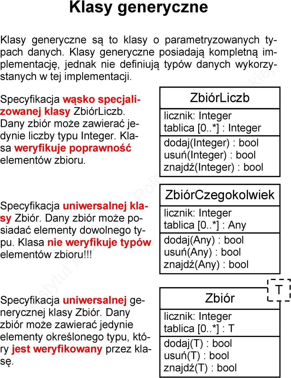 Dany zbiór może zawierać jedynie liczby typu Integer. Klasa weryfikuje poprawność elementów zbioru. ZbiórLiczb licznik: Integer tablica [0.