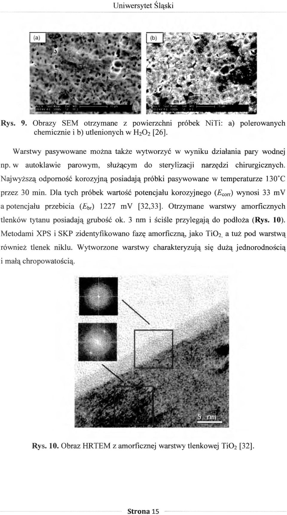 Dla tych próbek wartość potencjału korozyjnego (Econ) wynosi 33 mv a potencjału przebicia ( br) 1227 mv [32,33]. Otrzymane warstwy amorficznych tlenków tytanu posiadają grubość ok.