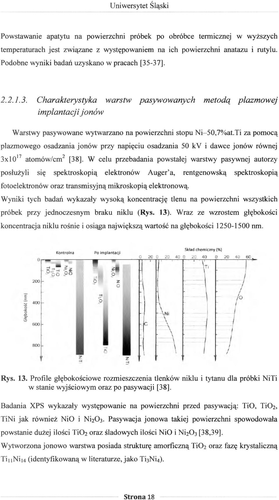 Ti za pomocą plazmowego osadzania jonów przy napięciu osadzania 50 kv i dawce jonów równej 3x10 17 atomów/cm2 [38], W celu przebadania powstałej warstwy pasywnej autorzy posłużyli się spektroskopią