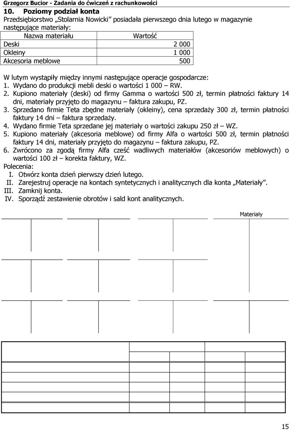 Kupiono materiały (deski) od firmy Gamma o wartości 500 zł, termin płatności faktury 14 dni, materiały przyjęto do magazynu faktura zakupu, PZ. 3.