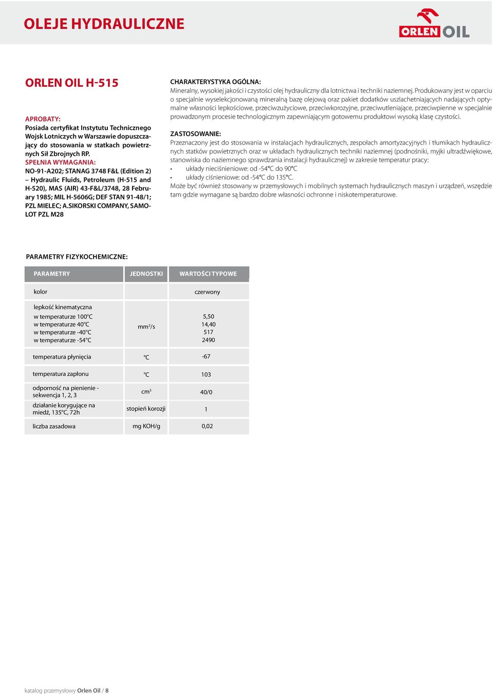 SIKORSKI COMPANY, SAMO LOT PZL M28 Mineralny, wysokiej jakości i czystości olej hydrauliczny dla lotnictwa i techniki naziemnej.