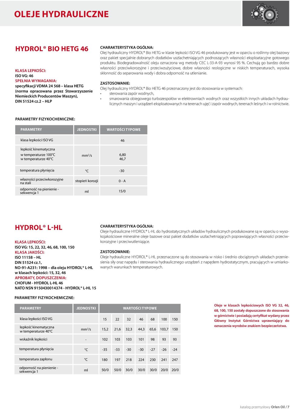 2 HLP Olej hydrauliczny Hydrol Bio HETG w klasie lepkości ISO VG 46 produkowany jest w oparciu o roślinny olej bazowy oraz pakiet specjalnie dobranych dodatków uszlachetniających podnoszących