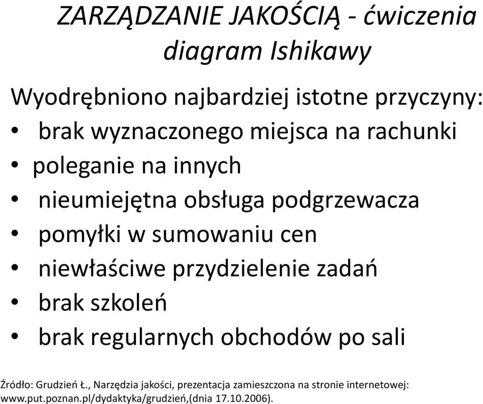 zadań brak szkoleń brak regularnych obchodów po sali Źródło: Grudzień Ł.