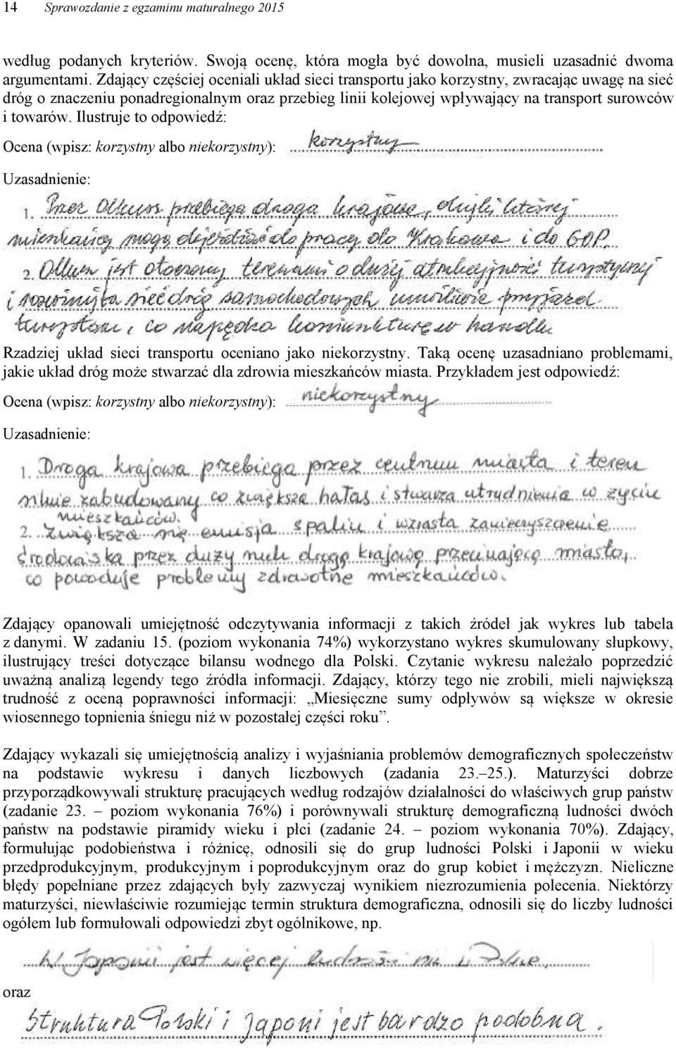 Ilustruje to odpowiedź: Ocena (wpisz: korzystny albo niekorzystny): Uzasadnienie: Rzadziej układ sieci transportu oceniano jako niekorzystny.