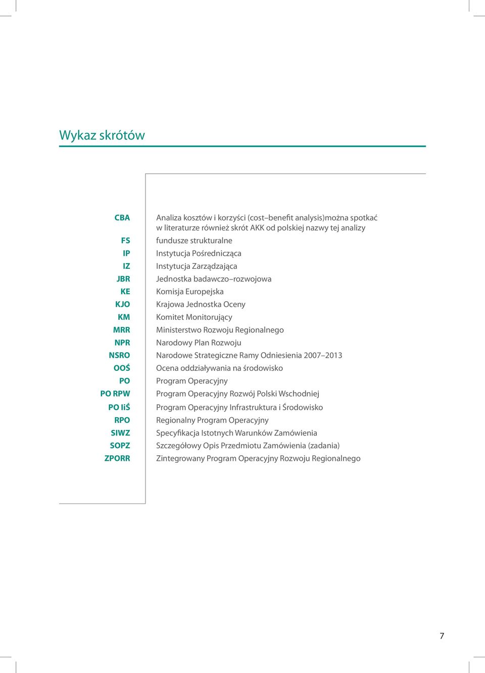 Narodowe Strategiczne Ramy Odniesienia 2007 2013 OOŚ Ocena oddziaływania na środowisko PO Program Operacyjny PO RPW Program Operacyjny Rozwój Polski Wschodniej PO IiŚ Program Operacyjny