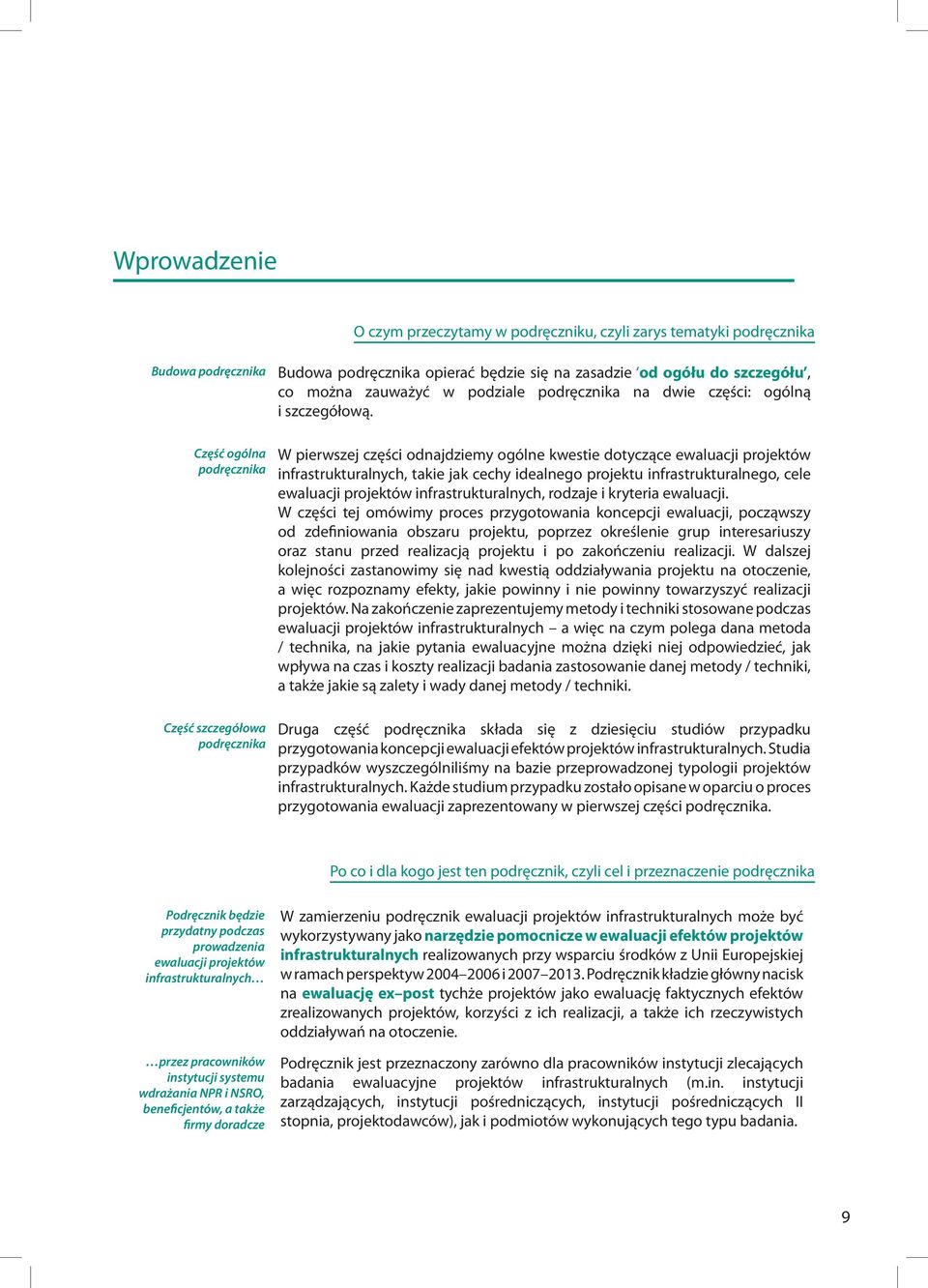 W pierwszej części odnajdziemy ogólne kwestie dotyczące ewaluacji projektów infrastrukturalnych, takie jak cechy idealnego projektu infrastrukturalnego, cele ewaluacji projektów infrastrukturalnych,