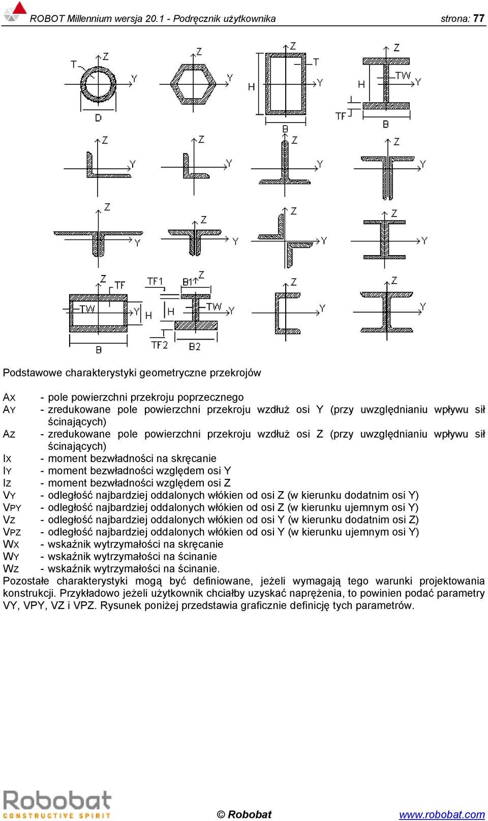 uwzględnianiu wpływu sił ścinających) AZ - zredukowane pole powierzchni przekroju wzdłuż osi Z (przy uwzględnianiu wpływu sił ścinających) IX - moment bezwładności na skręcanie IY - moment