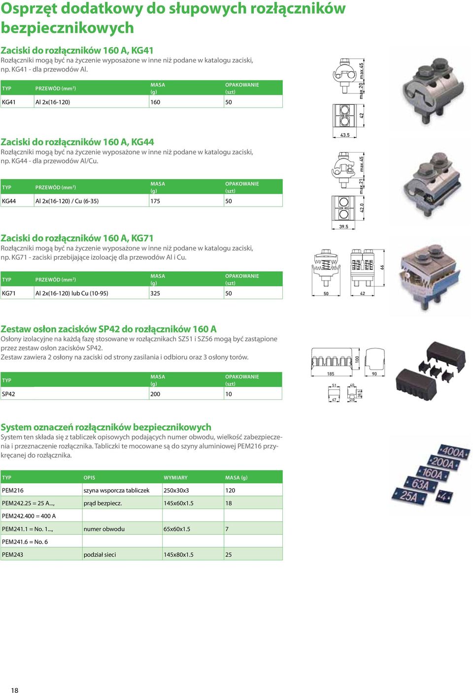 45 Zaciski do rozłączników 160 A, KG44 Rozłączniki mogą być na życzenie wyposażone w inne niż podane w katalogu zaciski, np. KG44 - dla przewodów Al/Cu.